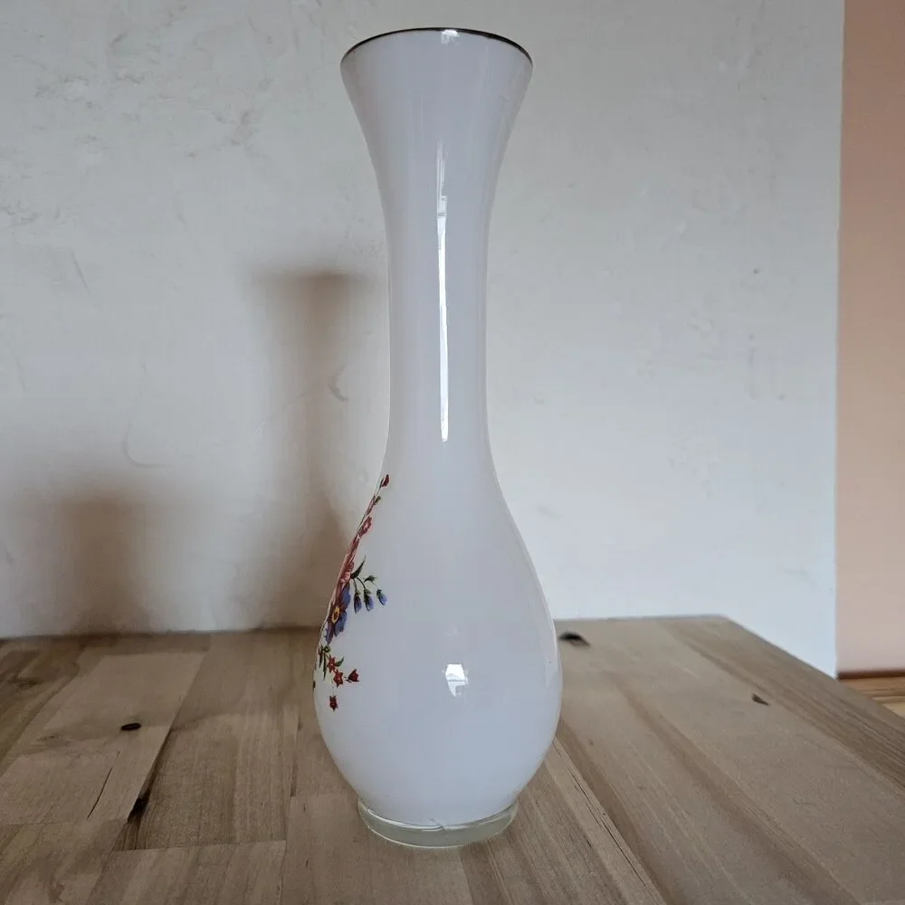Vintage Frosted Glass Bud Vase – Floral Transfer Design – Mid Century Modern